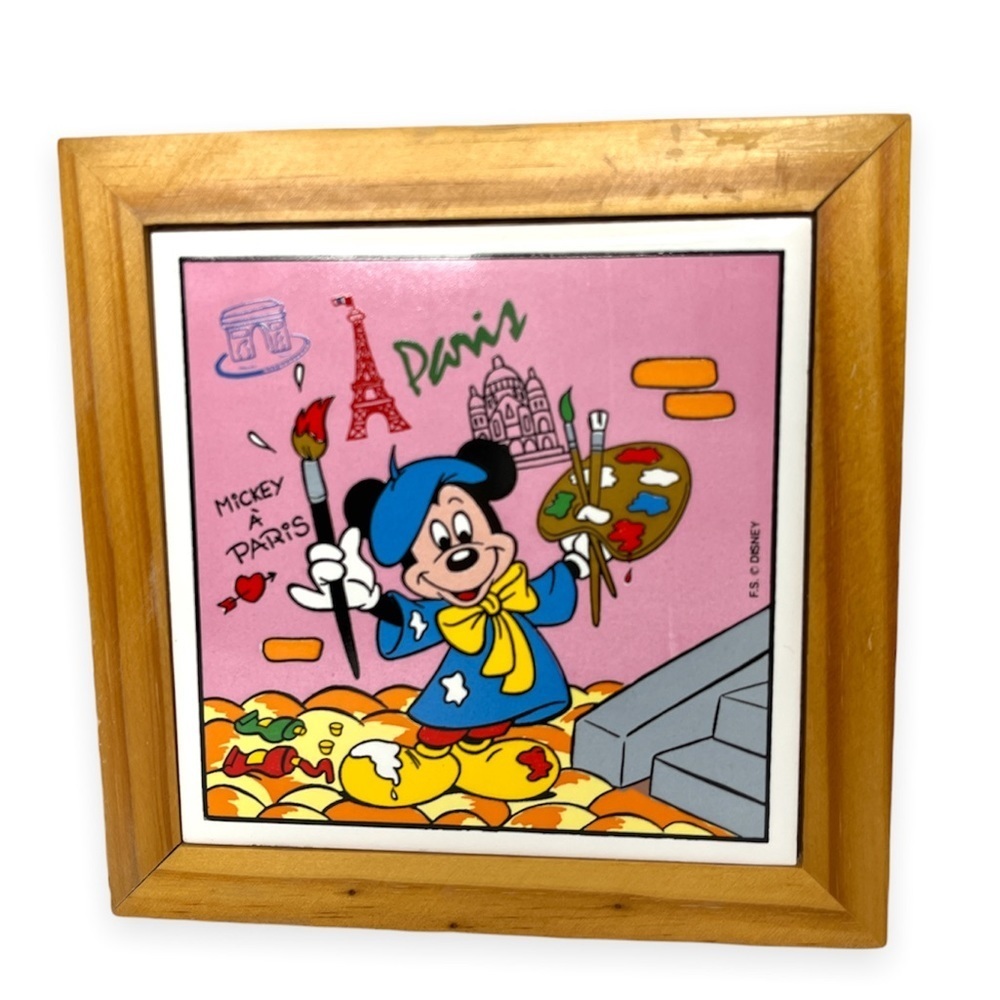 Disney Mickey Mouse the Artist Trivet Pine Wood Frame w/Hanging Loop 5.5”x5.5”‎